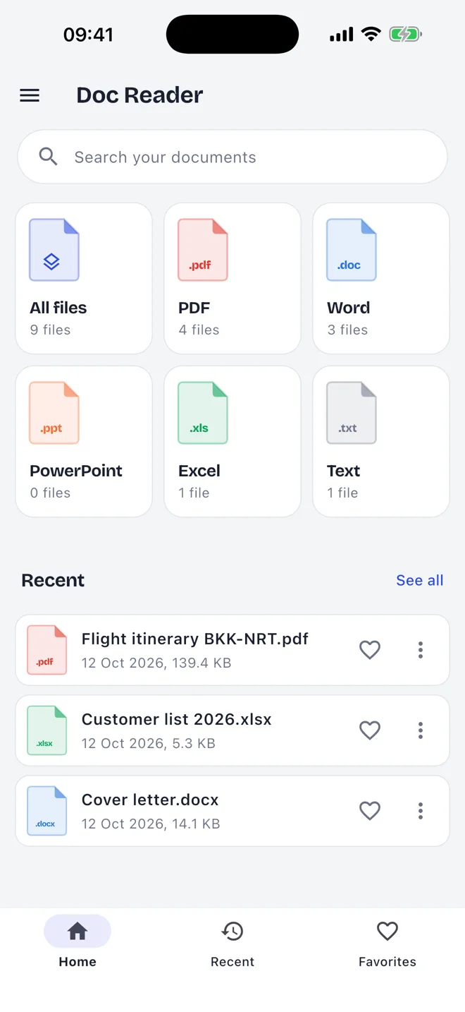 Home screen listing files by type with recent files below