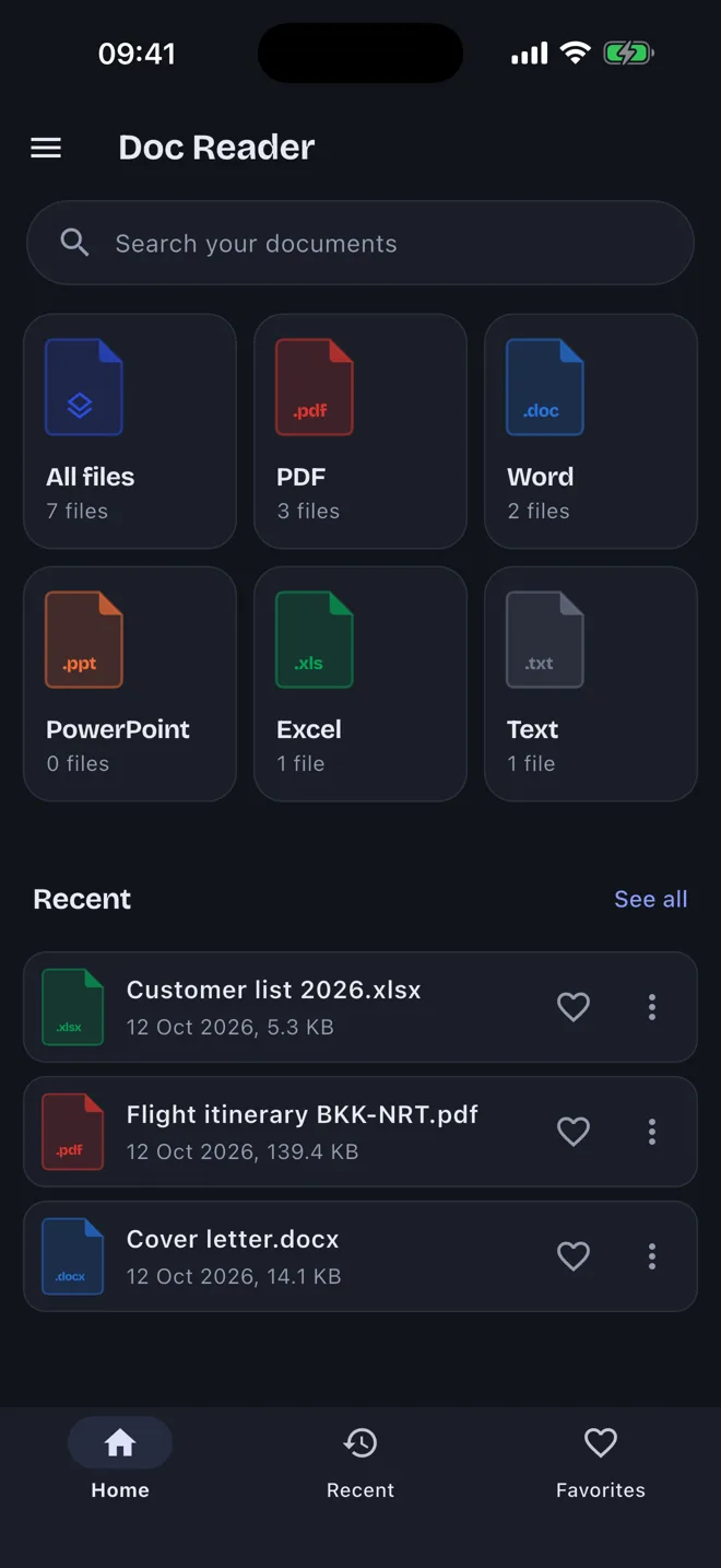 The home screen in dark mode